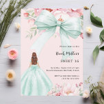 Sagegroene strik roze bloemen jurk Sweet 16 Kaart<br><div class="desc">Een elegante roze achtergrond,  versierd met een grote saliegroene strik,  roze bloemen en een meisje in een groene jurk. Personaliseer en voeg een naam en feestdetails toe.</div>