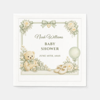 Sagegroene teddybeer babyshower papieren servetten