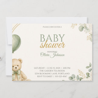 Sagegroene teddybeer babyshower uitnodiging