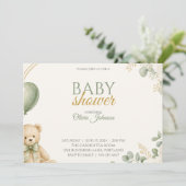 Sagegroene teddybeer babyshower uitnodiging (Staand voorkant)