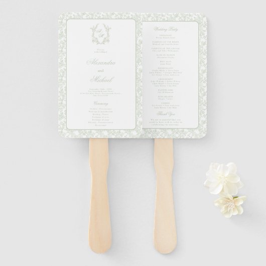 Sagegroene Toile Crest Monogram Huwelijksprogramma Handwaaier (Voorkant en achterkant)