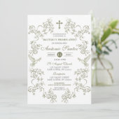 Sagegroene Toile Doop Uitnodiging Jongen (Staand voorkant)