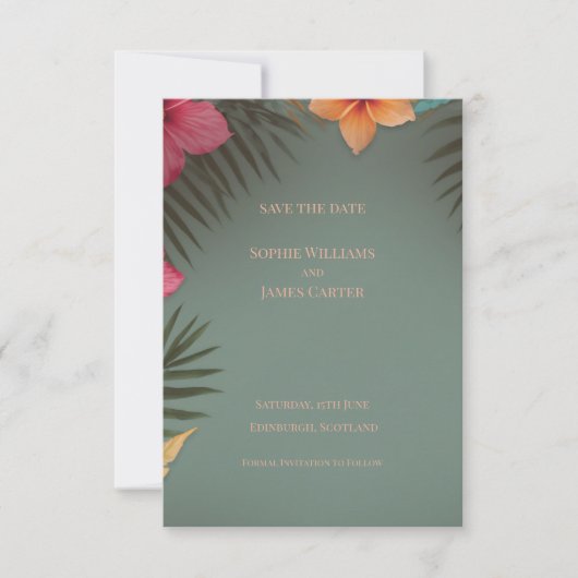 Sagegroene Tropische Hibiscus Palm Bruiloft Save The Date (Voorkant)