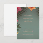 Sagegroene Tropische Hibiscus Palm Bruiloft Save The Date (Voorkant / Achterkant)