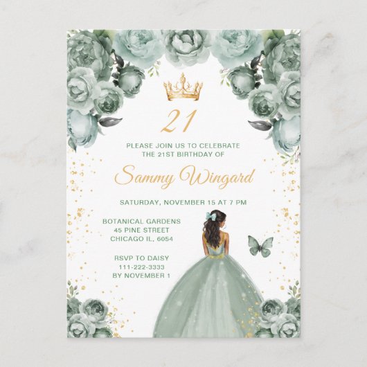 Sagegroene verjaardagsfeestje voor prinses met don briefkaart (Voorkant)