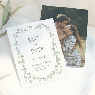 Sagegroene Vintage Bloemen Foto Bruiloft Save The Date