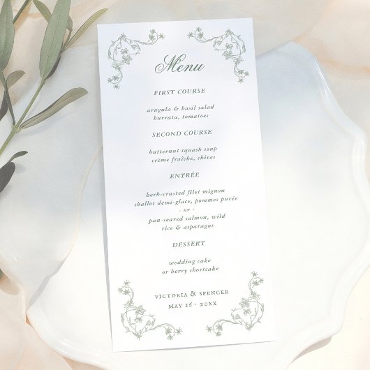 Sagegroene Vintage Bloemhuwelijk Menu