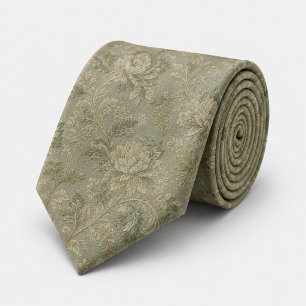 Sagegroene Vintage Bloemrijke Jacquard Stropdas