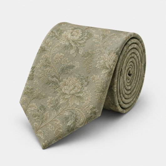 Sagegroene Vintage Bloemrijke Jacquard Stropdas