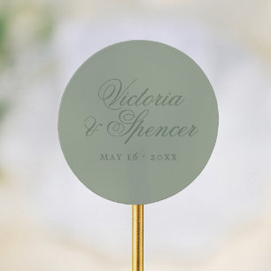 Sagegroene Vintage Calligrafie Trouwgunst Ronde Sticker