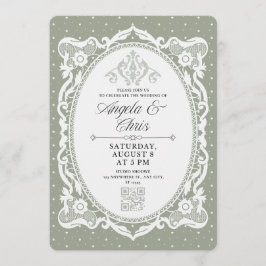 Sagegroene vintage kanten trouwuitnodiging QR RSVP Kaart
