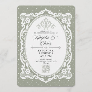 Sagegroene vintage kanten trouwuitnodiging QR RSVP Kaart