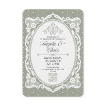 Sagegroene vintage kanten trouwuitnodiging QR RSVP