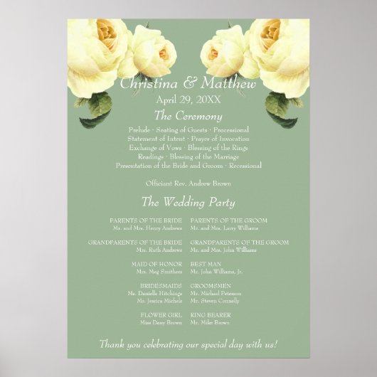 Sagegroene vintage trouwceremonieprogramma met Gel Poster (Voorkant)