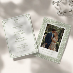Sagegroene Vintage Tuin Monogram Trouwdag Save The Date