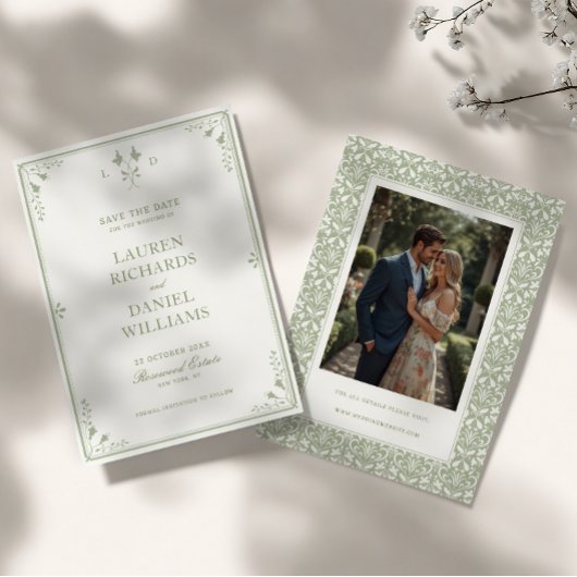 Sagegroene Vintage Tuin Monogram Trouwdag Save The Date