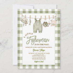 Sagegroene visser gingham baby shower kaart