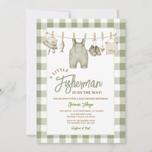 Sagegroene visser gingham baby shower kaart (Voorkant)