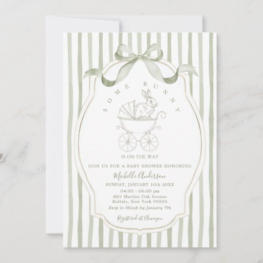 Sagegroene wagenkonijn babyshower uitnodiging (Voorkant)