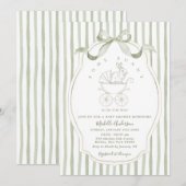 Sagegroene wagenkonijn babyshower uitnodiging (Voorkant / Achterkant)