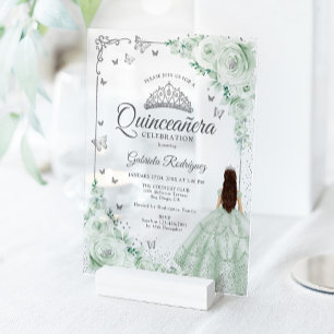 Sagegroene waterverfrozen Zilveren Quinceanera Acryl Uitnodigingen