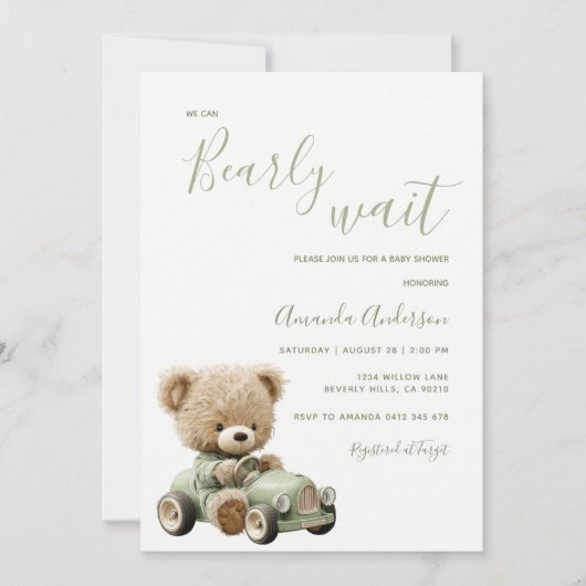 Sagegroene We Can Bearly Wait Baby Shower Kaart (Voorkant)