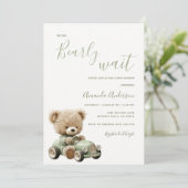 Sagegroene We Can Bearly Wait Baby Shower Kaart (Staand voorkant)