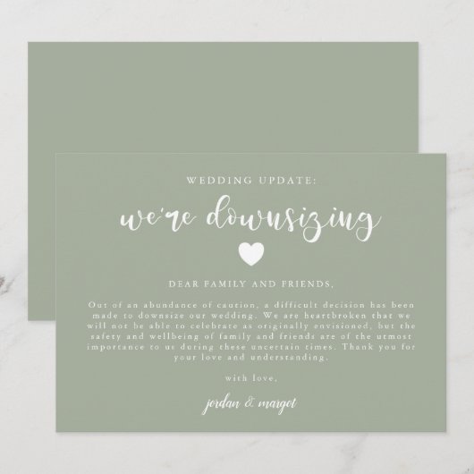 Sagegroene 'We verkleinen onze bruiloft' update Aankondiging (Voorkant / Achterkant)