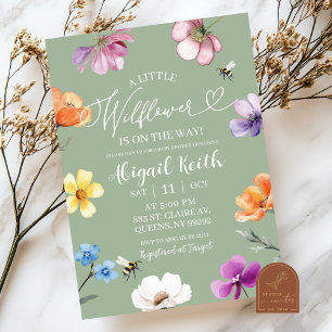 Sagegroene wilde bloem baby shower uitnodiging