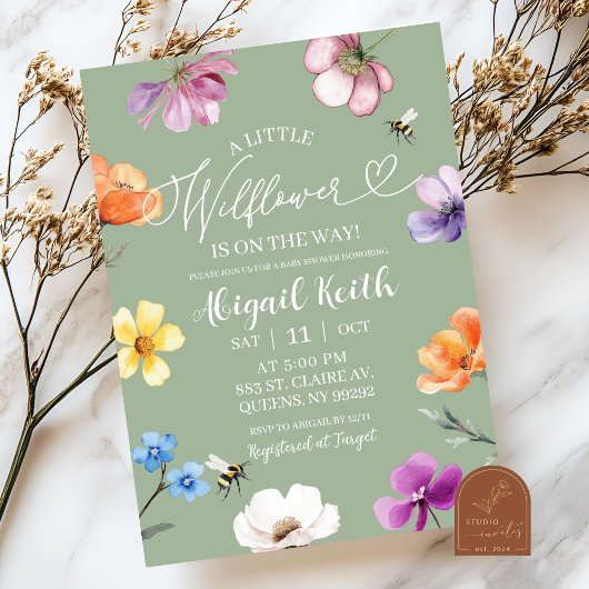 Sagegroene wilde bloem baby shower uitnodiging