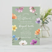 Sagegroene wilde bloem baby shower uitnodiging (Staand voorkant)