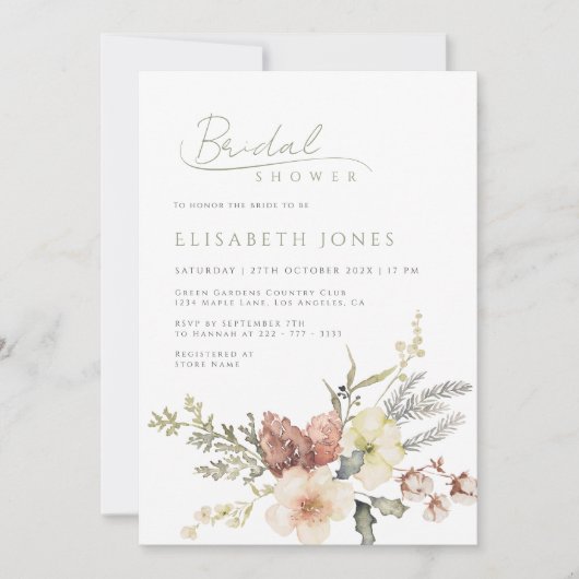 Sagegroene Winter Kerst Bloemrijke Bruidsaanduidin Kaart (Voorkant)