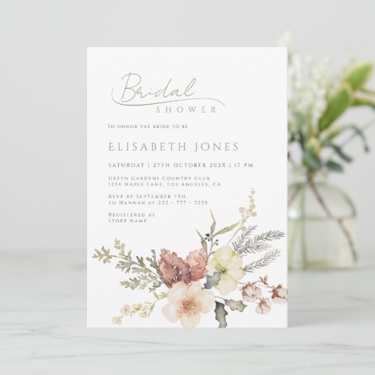 Sagegroene Winter Kerst Bloemrijke Bruidsaanduidin Kaart (Staand voorkant)