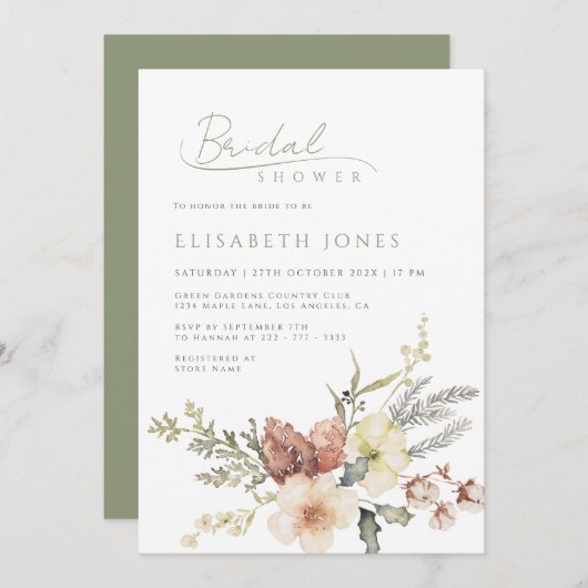 Sagegroene Winter Kerst Bloemrijke Bruidsaanduidin Kaart (Voorkant / Achterkant)