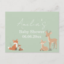 Sagegroene Woodland Dieren Baby Shower Uitnodiging