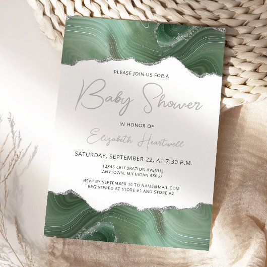 Sagegroene Zilveren Agate Baby Shower Uitnodiging
