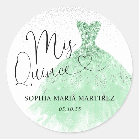 Sagegroene zilveren jurk Mis Quince Quinceañera Ronde Sticker (Voorkant)