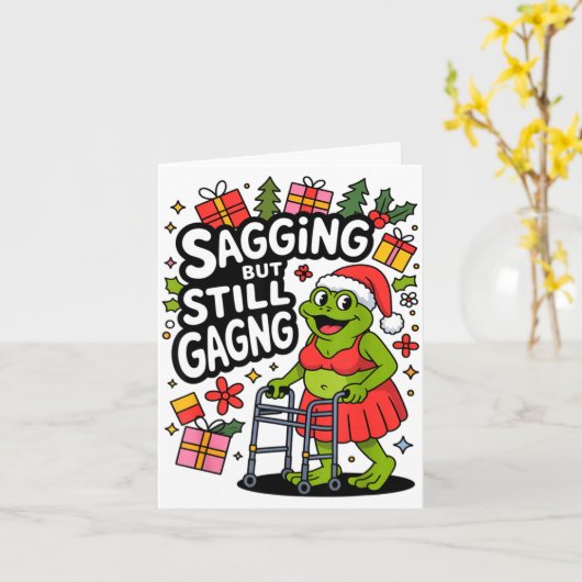 Sagging But Still Gagging Funny Christmas Frog Hol Kaart (Gele Bloem)