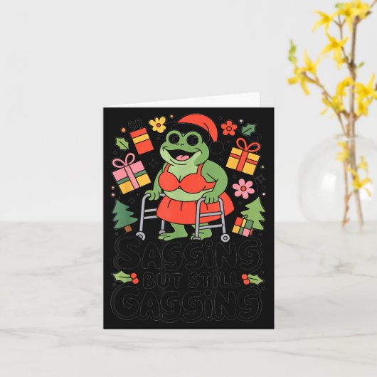 Sagging But Still Gagging Funny Christmas Frog Hol Kaart (Gele Bloem)