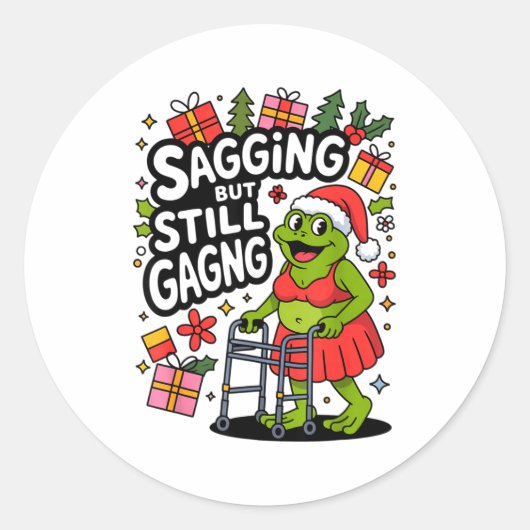 Sagging But Still Gagging Funny Christmas Frog Hol Ronde Sticker (Voorkant)