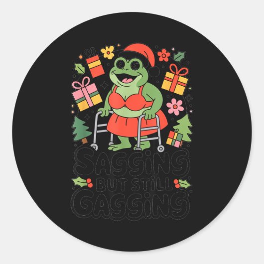 Sagging But Still Gagging Funny Christmas Frog Hol Ronde Sticker (Voorkant)