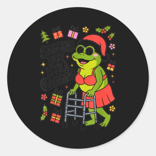 Sagging But Still Gagging Funny Christmas Frog Hol Ronde Sticker (Voorkant)