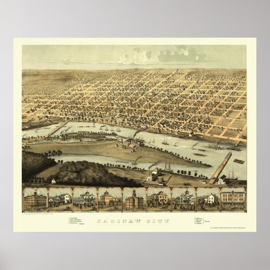 Saginaw, MI Panorama Map - 1867 Poster (Voorkant)