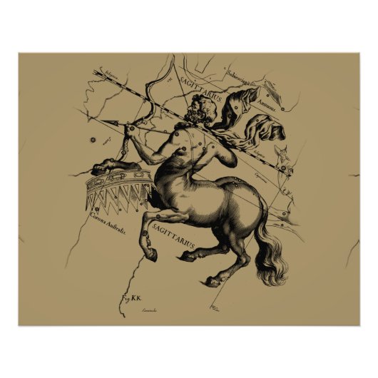 Sagittarius Constellation Hevelius 1690 Engraving Foto Afdruk (Voorkant)