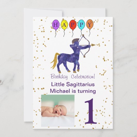 Sagittarius First Birthday Gold & Balloons Kaart (Voorkant)