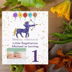 Sagittarius First Birthday Gold & Balloons Kaart