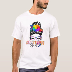 Sagittarius Girl Birthday Messy Bun Hair Colorful T-shirt