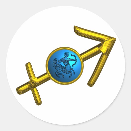 SAGITTARIUS, GOLD BLUE ZODIAC BIRTHDAY SIGN RONDE STICKER (Voorkant)