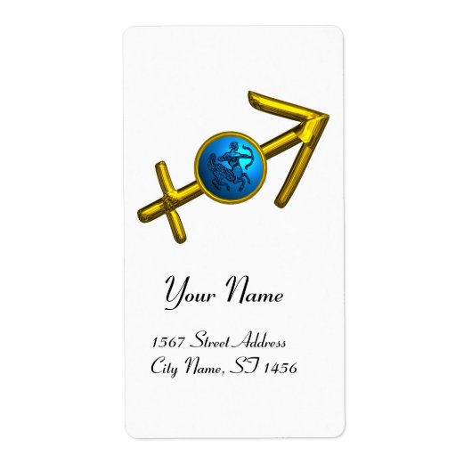 SAGITTARIUS, GOLD BLUE ZODIAC BIRTHDAY SIGN White Etiket (Voorkant)