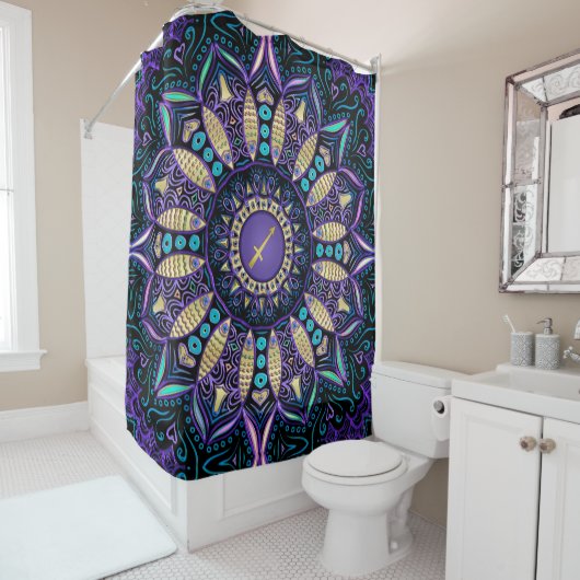 Sagittarius Paars Black Mandala Shower Curtain Douchegordijn (In situ)